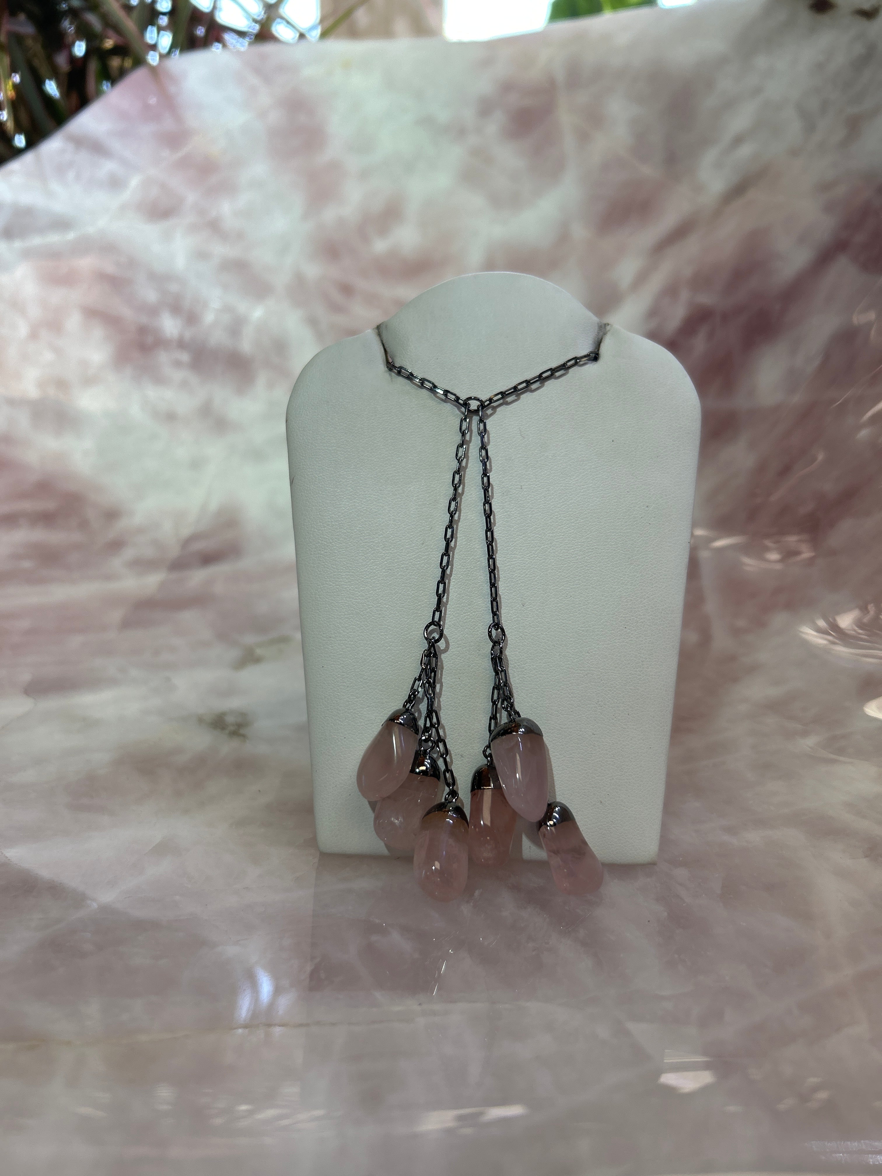 6 Stone Rose Quartz Tumble Long Plated Silver Necklace CWDM